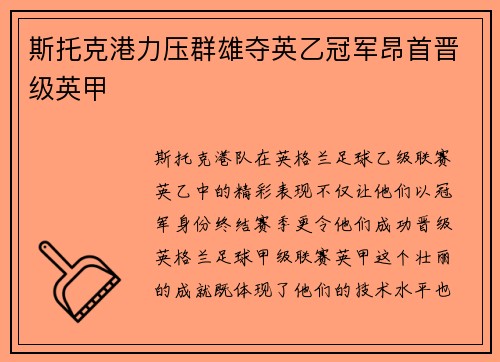 斯托克港力压群雄夺英乙冠军昂首晋级英甲